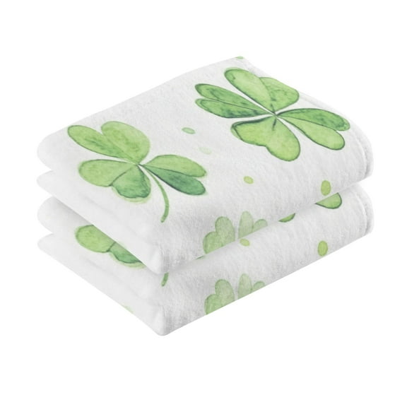 2 Pcs Absorbent Face Towel Bath Hand Towels Soft Breathable Cotton Towel Set for Bathroom Kitchen Hotel Spa Decor Green Shamrock Leaves