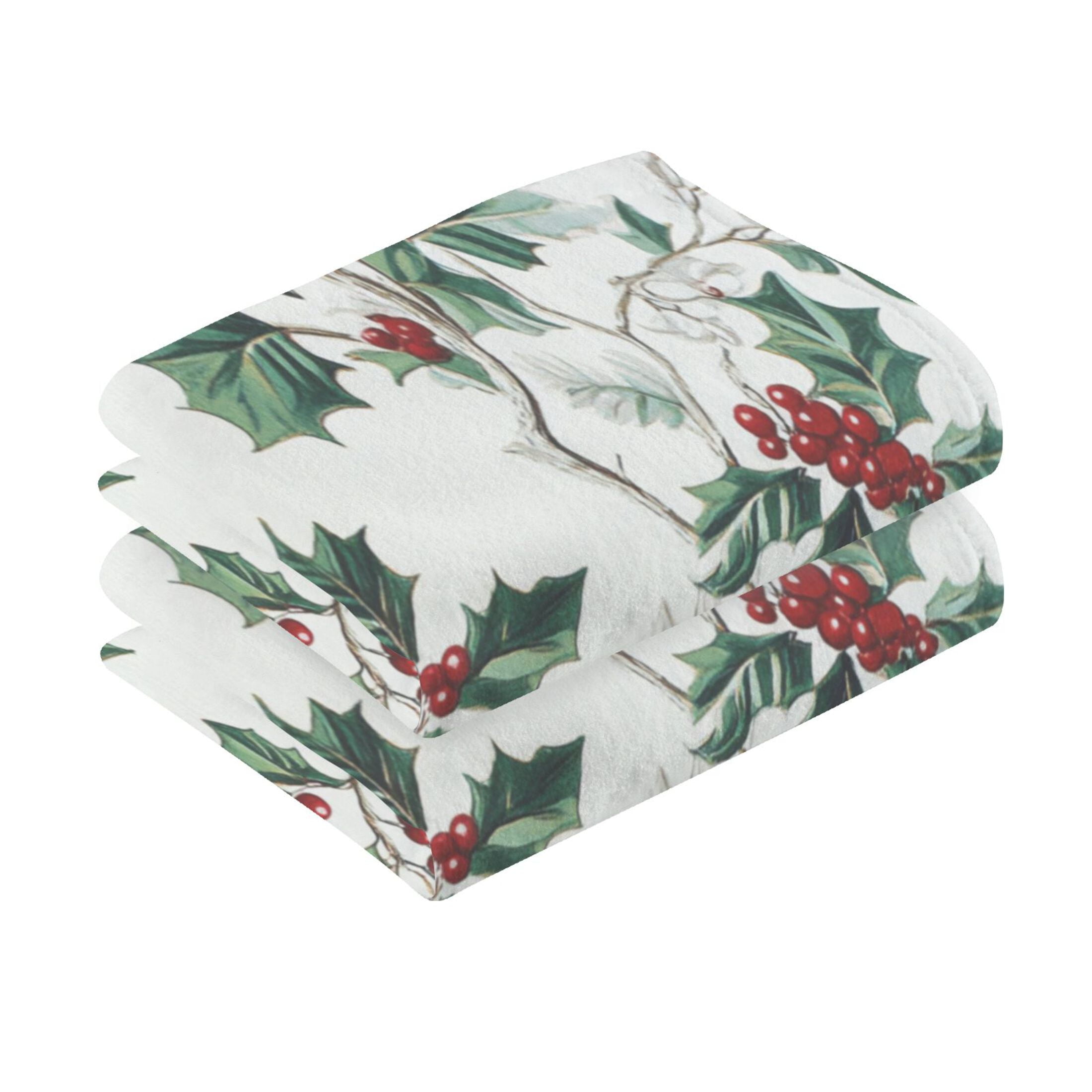 2 Pcs Absorbent Face Towel Bath Hand Towels Soft Breathable Cotton Towel Set for Bathroom Kitchen Hotel Spa Decor Holly Leaves and Berries