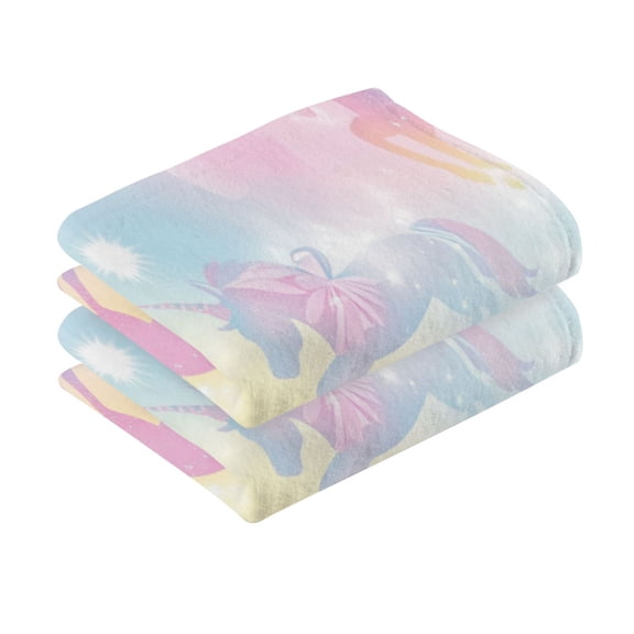 2 Pcs Absorbent Face Towel Bath Hand Towels Soft Breathable Cotton Towel Set for Bathroom Kitchen Hotel Spa Decor Pastel Unicorns and Bows