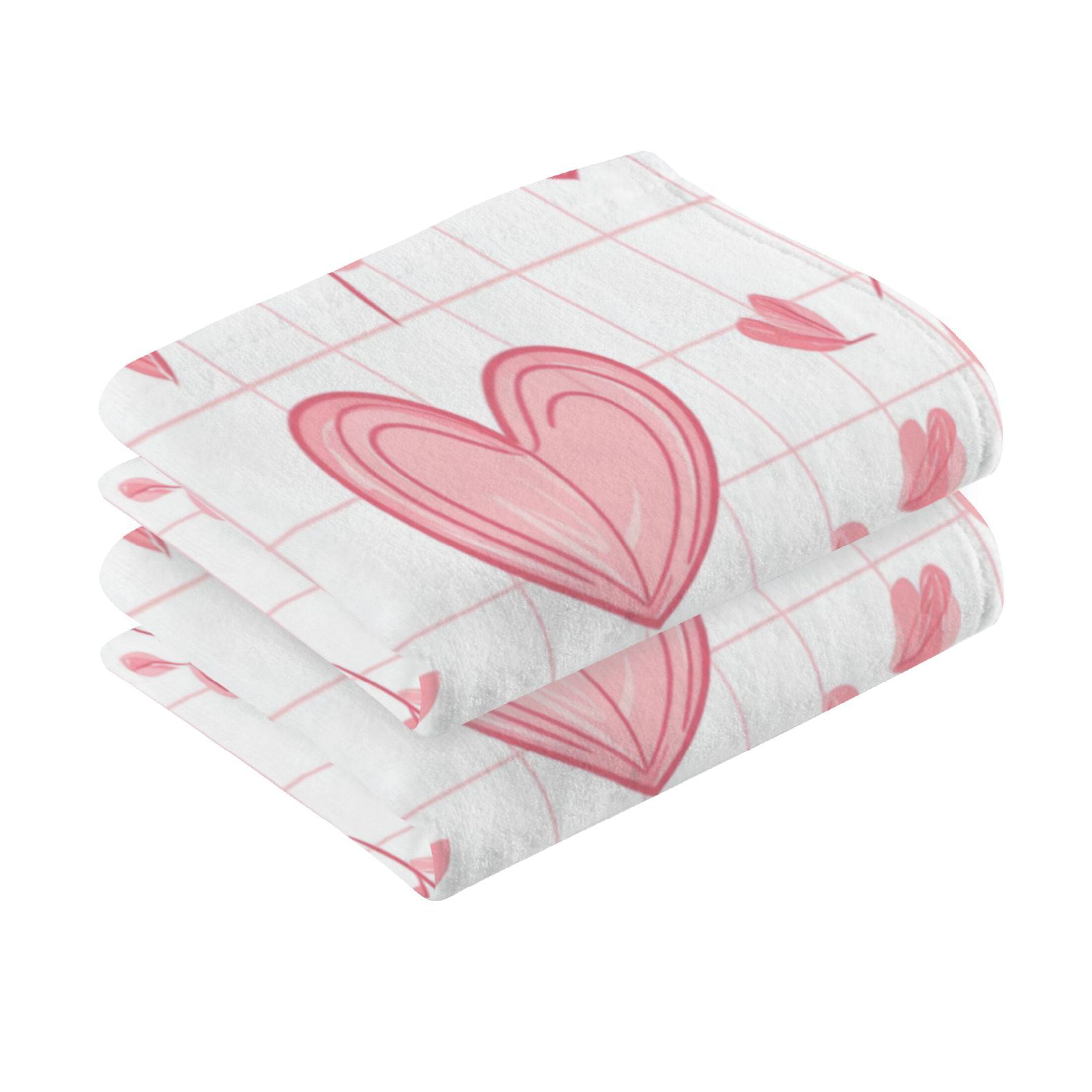 2 Pcs Absorbent Face Towel Bath Hand Towels Soft Breathable Cotton Towel Set for Bathroom Kitchen Hotel Spa Decor Pink Heart