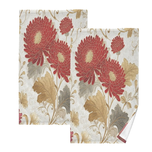 2 Pcs Absorbent Face Towel Bath Hand Towels Soft Breathable Cotton Towel Set for Bathroom Kitchen Hotel Spa Decor Red Chrysanthemum Pattern