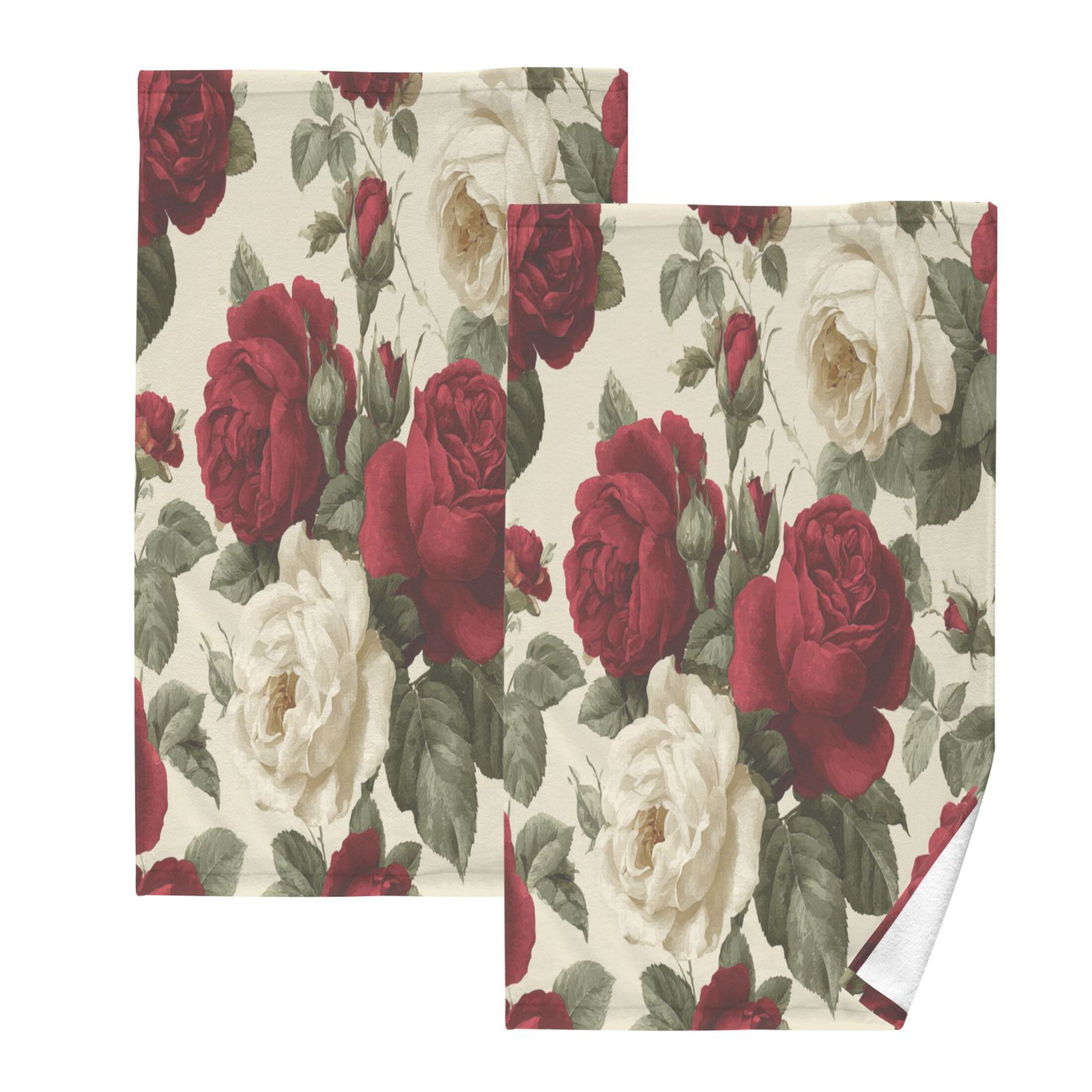 2 Pcs Absorbent Face Towel Bath Hand Towels Soft Breathable Cotton Towel Set for Bathroom Kitchen Hotel Spa Decor Red and White Roses