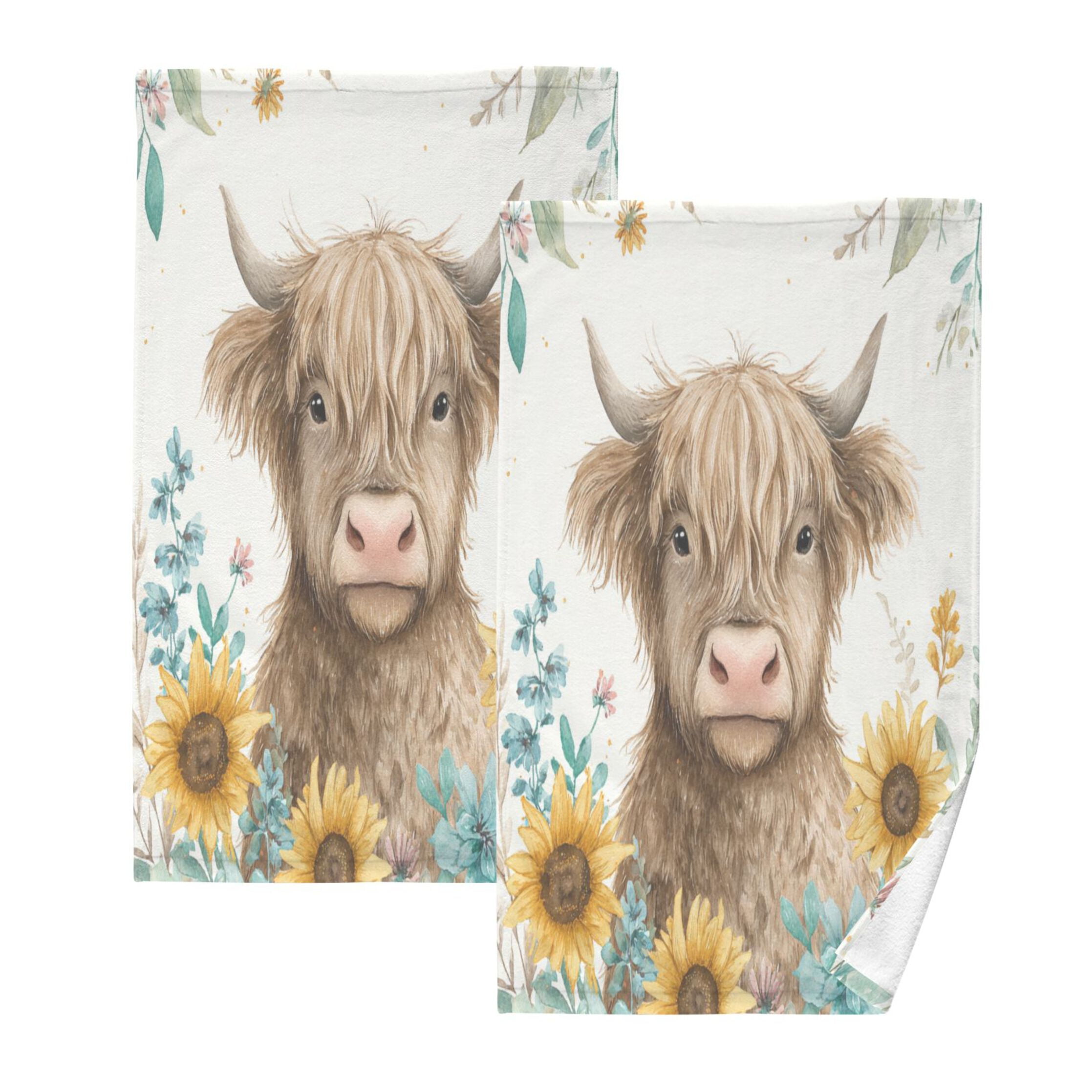 2 Pcs Absorbent Face Towel Bath Hand Towels Soft Breathable Cotton Towel Set for Bathroom Kitchen Hotel Spa Decor Sunflowers and Highland Cow