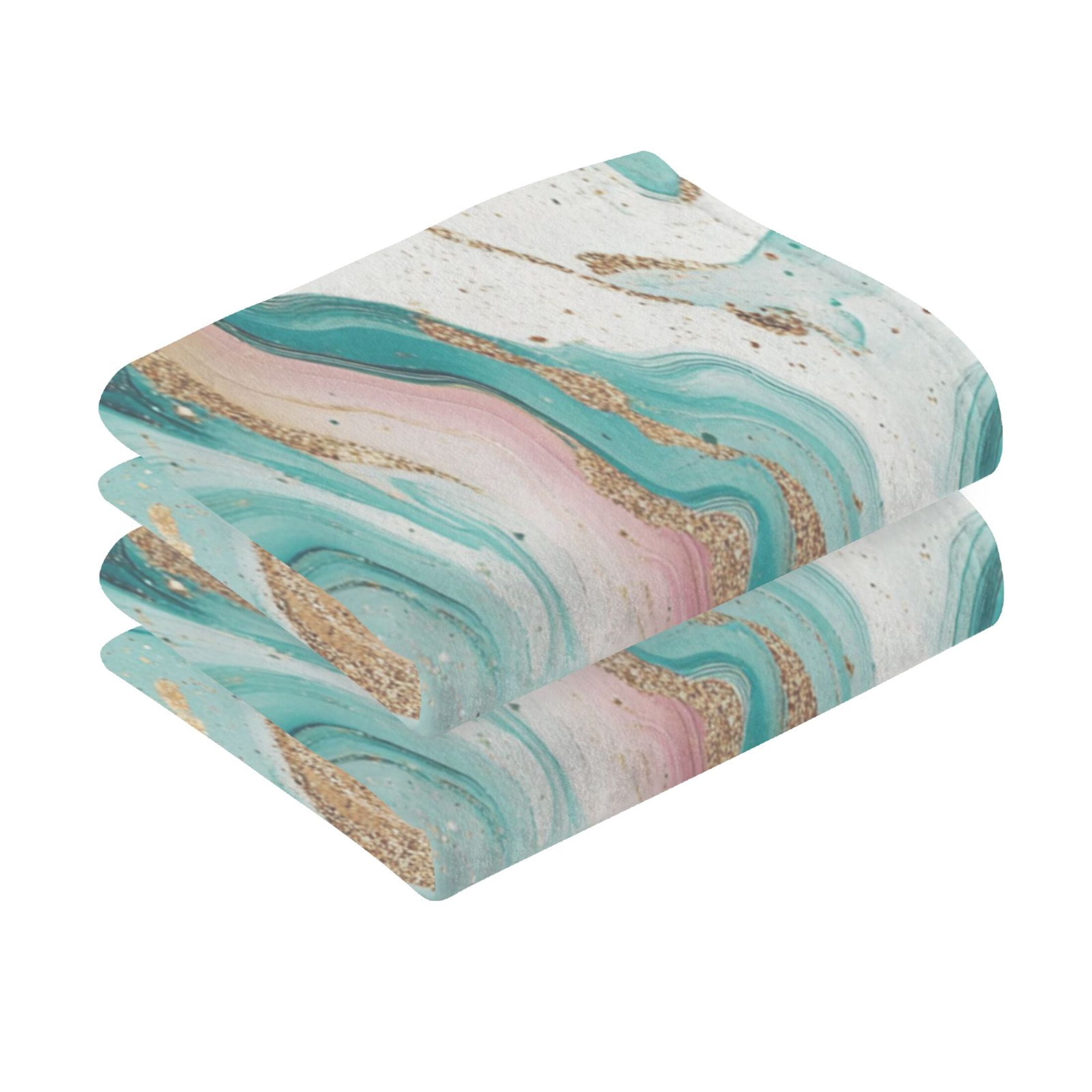 2 Pcs Absorbent Face Towel Bath Hand Towels Soft Breathable Cotton Towel Set for Bathroom Kitchen Hotel Spa Decor Teal Swirling Marble Pattern