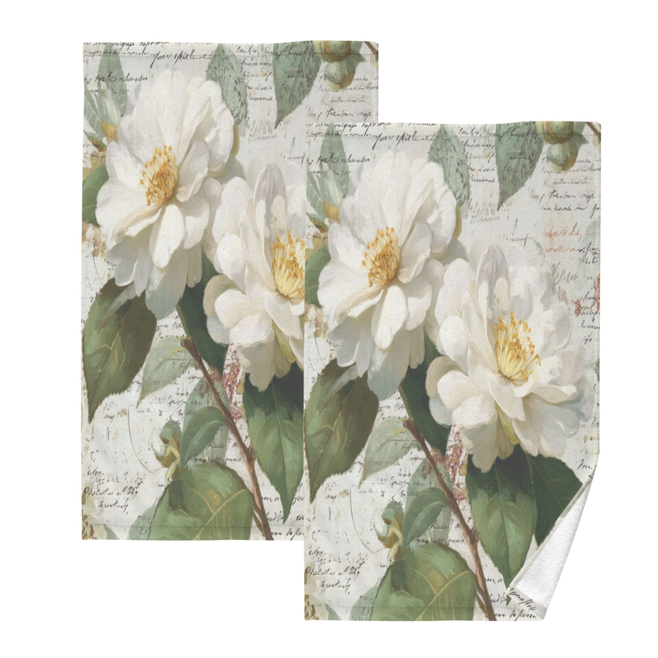 2 Pcs Absorbent Face Towel Bath Hand Towels Soft Breathable Cotton Towel Set for Bathroom Kitchen Hotel Spa Decor Vintage White Camellias