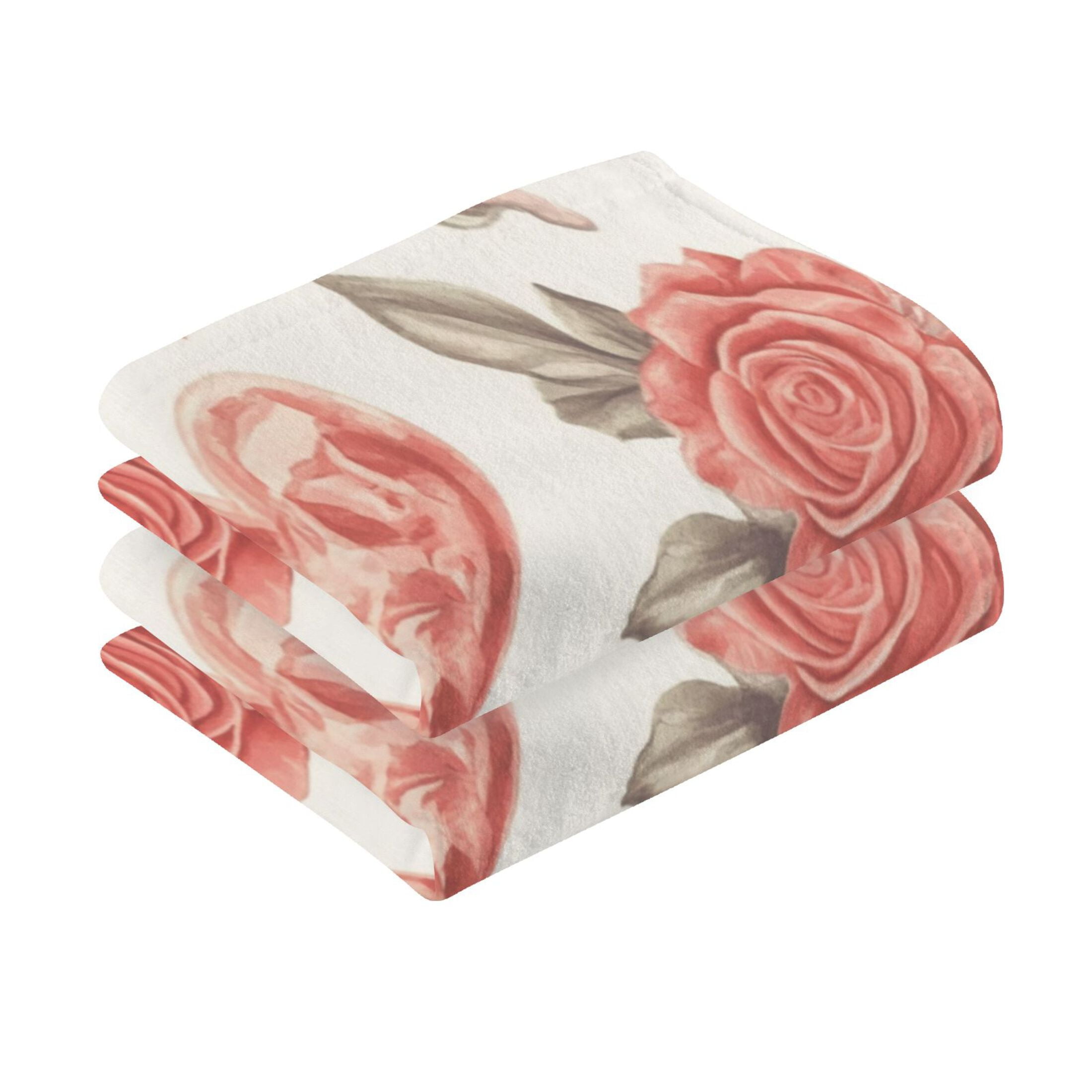 2 Pcs Absorbent Face Towel Bath Hand Towels Soft Breathable Cotton Towel Set for Bathroom Kitchen Hotel Spa Decor Watercolor Red Roses