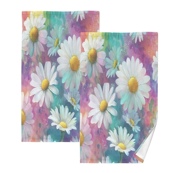 2 Pcs Absorbent Face Towel Bath Hand Towels Soft Breathable Cotton Towel Set for Bathroom Kitchen Hotel Spa Decor Watercolor White Daisies