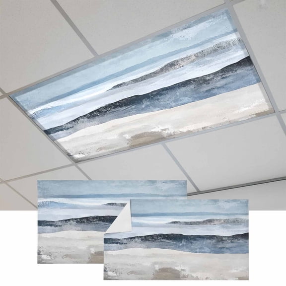 2 Pcs Abstract Beach Wave Art Fluorescent Light Covers Seaside Blue Oil Painting Style Magnetic Light Covers for Ceiling Lights 4 x 2 ft Drop Ceiling Lights Cover Shade for Office, Home, Hospital