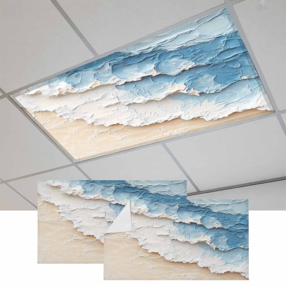 2 Pcs Abstract Beach Waves Fluorescent Light Covers Watercolor Blue Ocean Decor Magnetic Light Covers for Ceiling Lights 4 x 2 ft Drop Ceiling Lights Cover Shade for Office, Home, Hospital