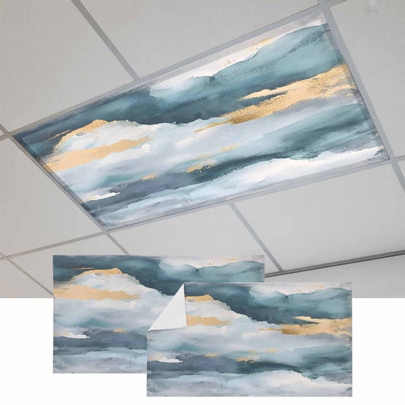 2 Pcs Abstract Cloud Effect Fluorescent Light Covers Golden Green Marble Texture Magnetic Light Covers for Ceiling Lights 4 x 2 ft Drop Ceiling Lights Cover Shade for Office, Home, Hospital