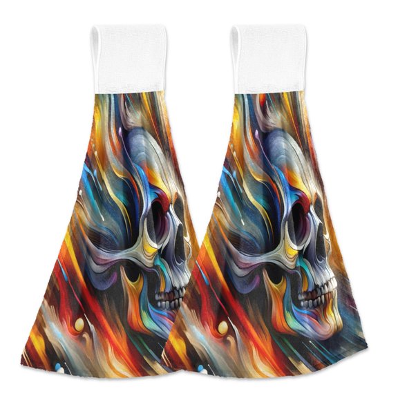 2 Pcs Abstract Colorful Skull Head Kitchen Hand Towels with Hanging Loops Absorbent Soft Fast Drying Decor Bath Towels