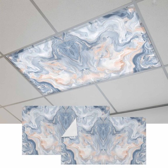 2 Pcs Abstract Marble Texture Fluorescent Light Covers Blue Gray Tone Vortex Effect Magnetic Light Covers for Ceiling Lights 4 x 2 ft Drop Ceiling Lights Cover Shade for Office, Home, Hospital