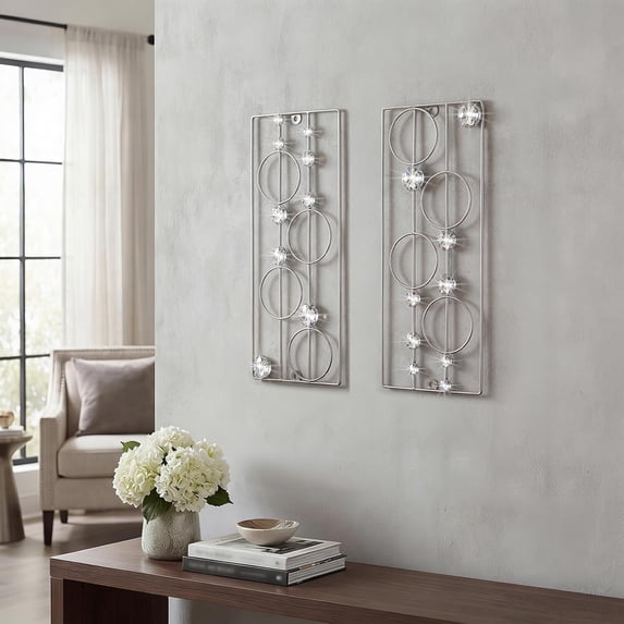 2 Pcs. Abstract Metal Art for Wall Decor Living Room Bedroom Bathroom Office Metal Bling Modern Geometric Hanging Vertical Small Iron Sculpture Plaque Pack -Silver 16.5in