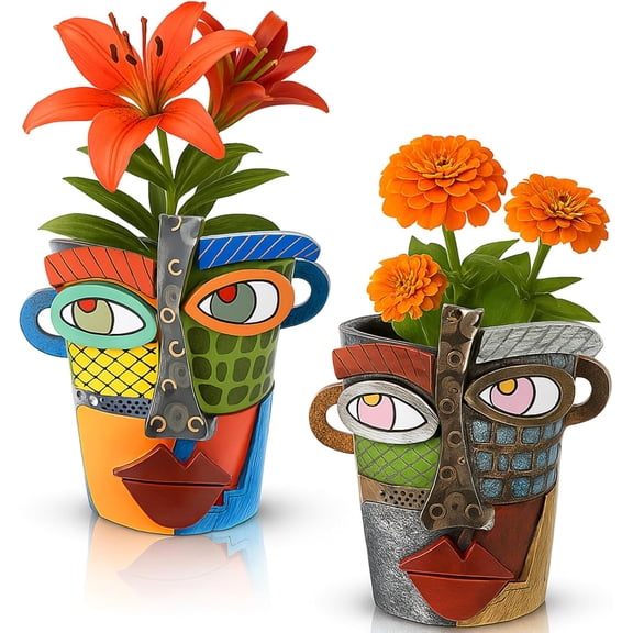 2 Pcs Abstract Picasso Face Pots Head, Mexican Flower Pots with Drainage, Unique Decorative Head Plant for Indoor Outdoor, Funky Gift
