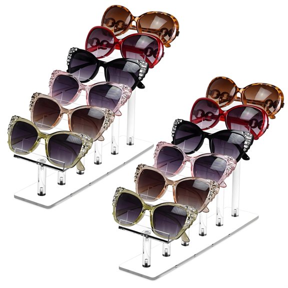 2 Pcs Acrylic 6-Layer Stepped Sunglass Display, Clear Eyewear Rack for Glasses Storage, Countertop Stand Holder, Stable Tiered Desktop Shelf