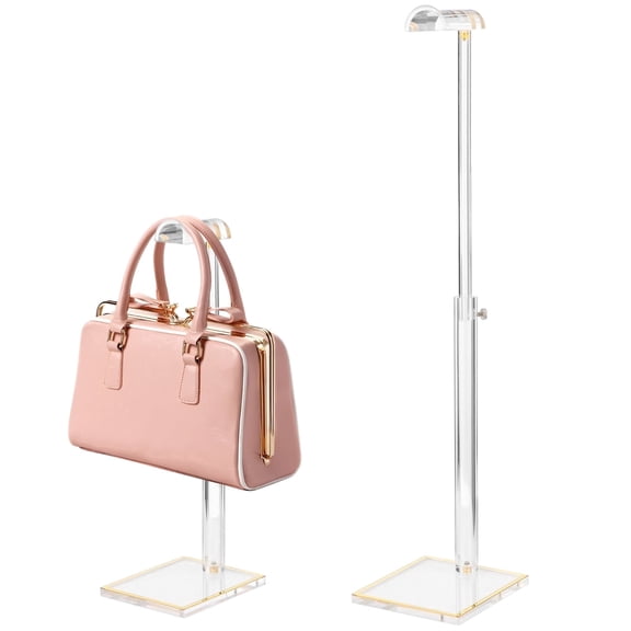 2 Pcs Acrylic Handbag Stands for Display, Height Adjustable Purse Holder Rack with Gold Trim Base, Transparent Bag Organizer for Handbags Totes Scarves