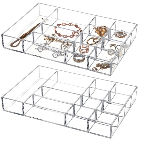 2 Pcs Clear Acrylic Jewelry Organizers, Transparent Desk Storage Container for Display, Multi Compartment Sorting Trays for Bracelets, Rings