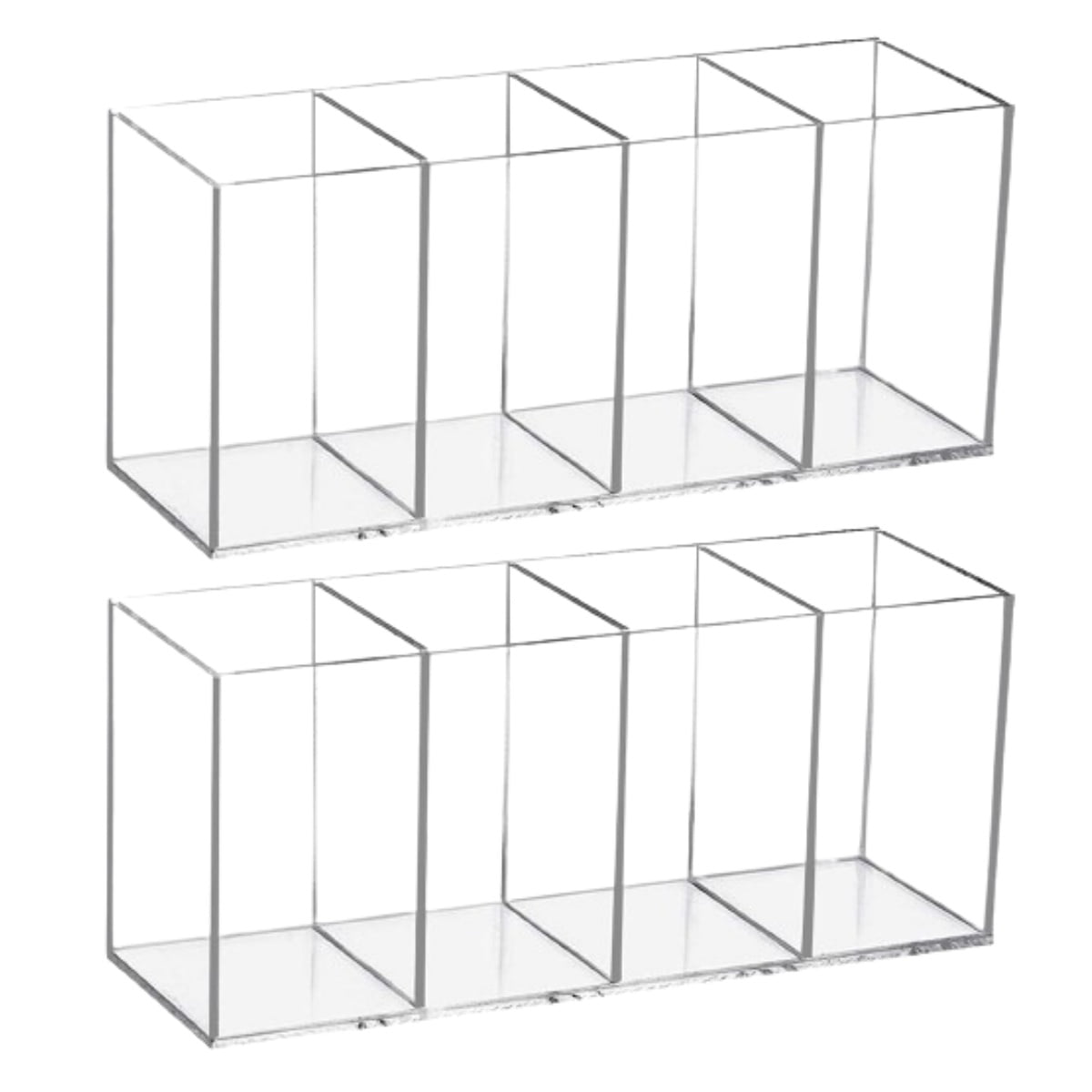 2 Pcs Acrylic Makeup Brush Holder, 4 Compartments Clear Desk Pen Pencil Holder Organizer, Stationery Accessories Drink Packets Organizer Caddy for Home Office Vanity Bathroom Kitchen