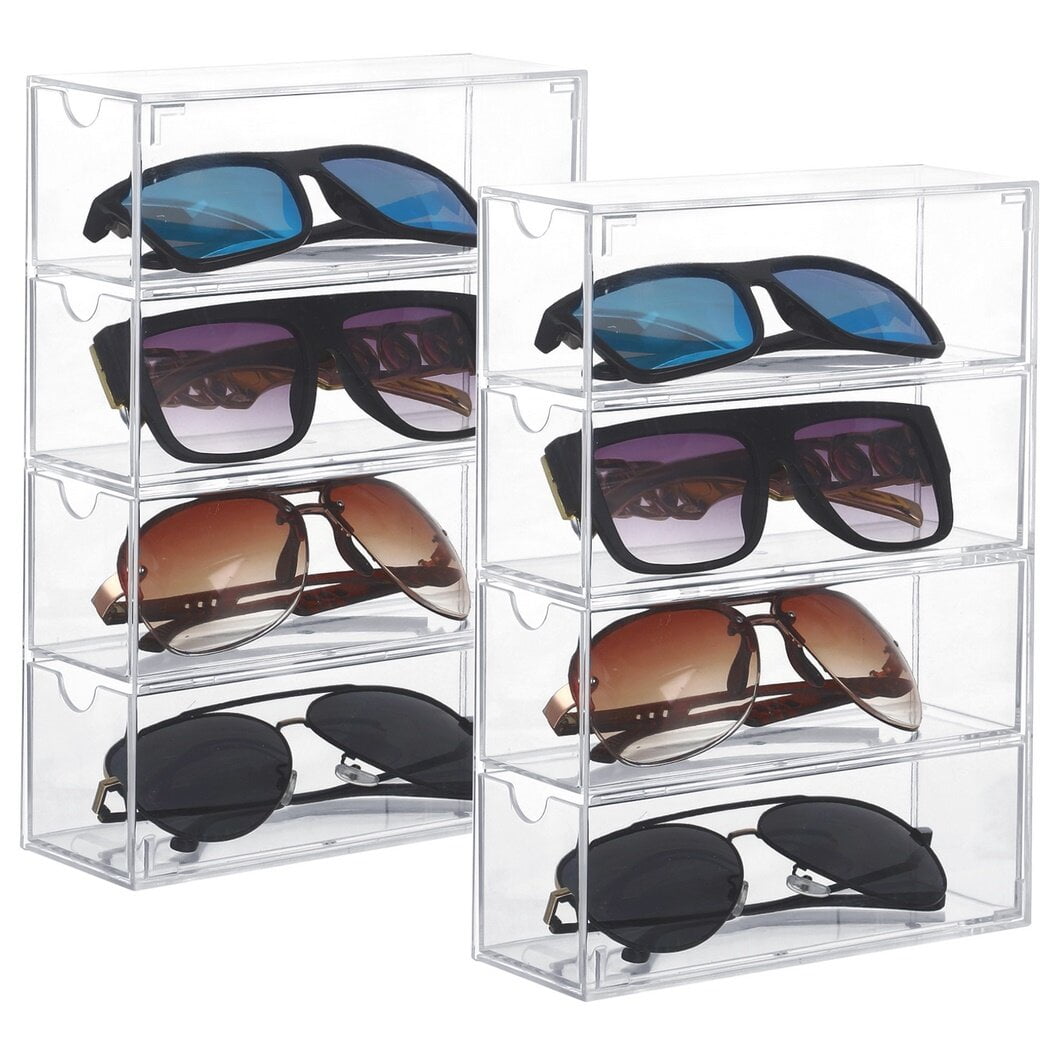 2 Pcs Acrylic Sunglasses Organizers, Clear Glasses Display Cases with 4 Drawers, Stackable Eyeglasses Storage Boxes, Dustproof Storage Containers for Cosmetics, Jewelry