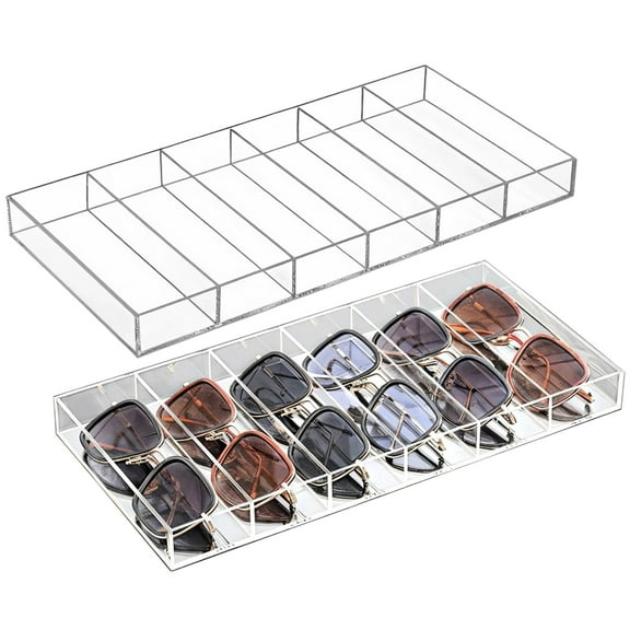 2 Pcs 6-Compartment Acrylic Sunglasses Storage Organizer Tray, Transparent Display Box, Stackable Display Cases for Eyeglasses Jewelry Accessories