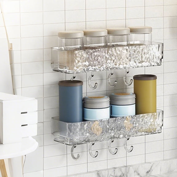 2 Pcs Adhesive Shower Caddy with 4 Hooks, No Drilling Clear Glacier Pattern Bathroom Storage Shelf, Removable Wall Mounted Organizer Basket for Shampoo, Towels, Kitchen & Bathroom Use