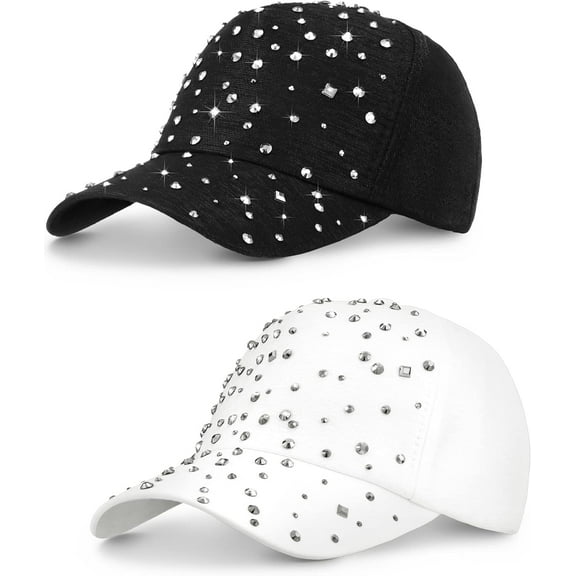 2 Pcs Adjustable Breathable Rhinestone Baseball Cap for Women Men Sequins Casual Sports Cap Rhinestone Hat