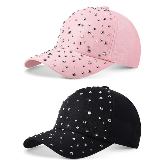 2 Pcs Adjustable Breathable Rhinestone Baseball Cap for Women Men Sequins Casual Sports Cap