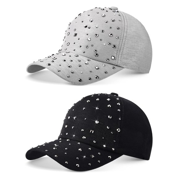 2 Pcs Adjustable Breathable Rhinestone Baseball Cap for Women Men Sequins Casual Sports Cap