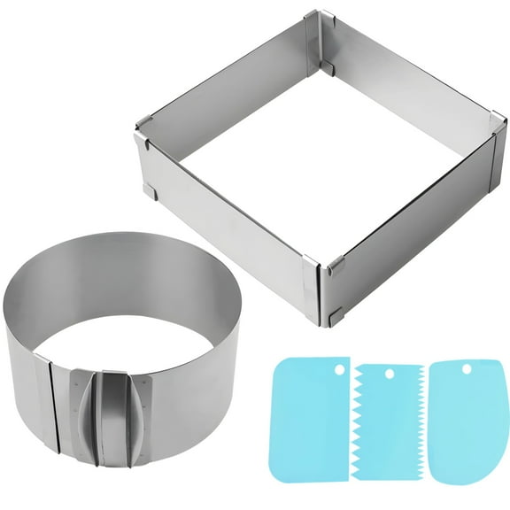 2 Pcs Adjustable Cake Rings, 6-12" Stainless Steel Cake Molds with 3 Plastic Scrapers, Round and Square Cake Ring Molds with Scaling, Pastry Baking Frames