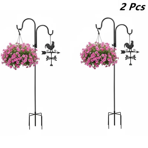 2 Pcs Adjustable Double Shepherds Hook for Outdoor 47 inch Bird Feeder Pole with 5 Prongs Base, Heavy Duty Garden Hook for Solar Lights Lanterns Bird Cages Weddings Plant Baskets Hummingbird Feeder