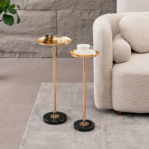 2 Pcs Adjustable Side Table, Small Tea Martini Table, Gold, Natural Marble Decorative Pedestal End Table for Display and Storage
