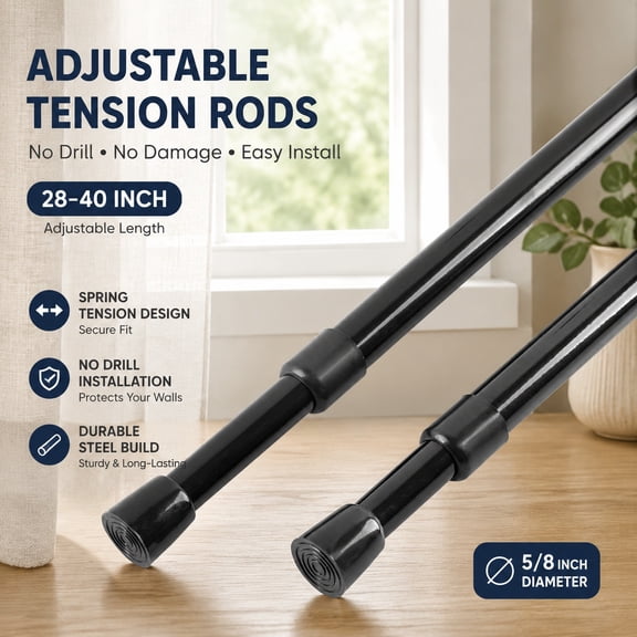 2 Pcs Adjustable Spring Tension Curtain Rods 28-40 Inches, 5/8" Diameter, Black, No Drilling Window Curtain Rods Expandable