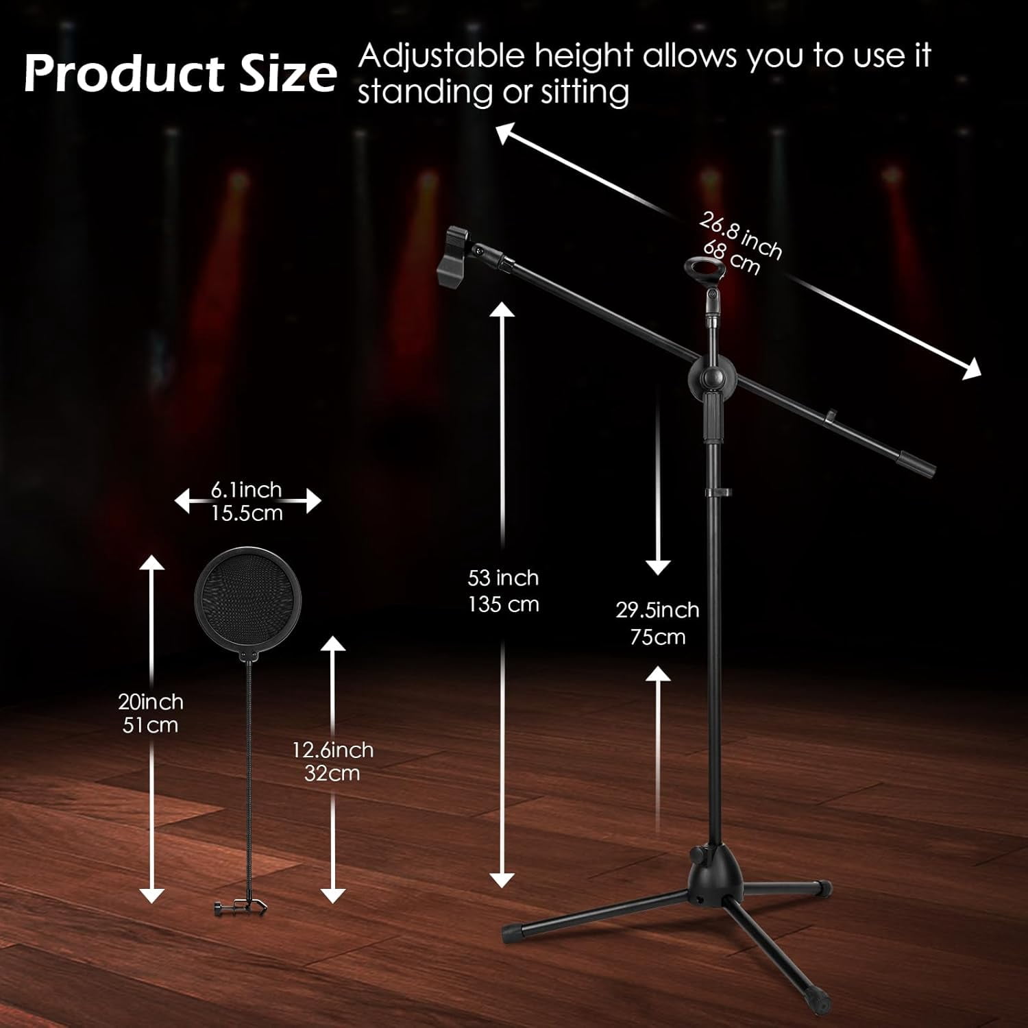 2 Pcs Adjustable Tripod Microphone Stand with  Arm, Windscreen & Clips for Live Stream Singing Stage Studio  Height 60 Inch