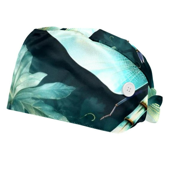 2 Pcs Adjustable Working Cap with Button, Dragonfly Surgical Cap Sweatband, Tie Back Hats