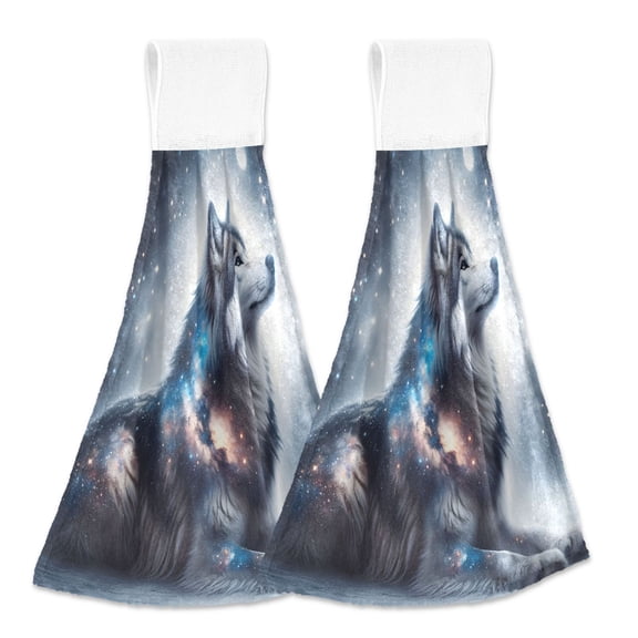 2 Pcs Adorable Wolf in Night Kitchen Hand Towels with Hanging Loops Absorbent Soft Fast Drying Decor Bath Towels