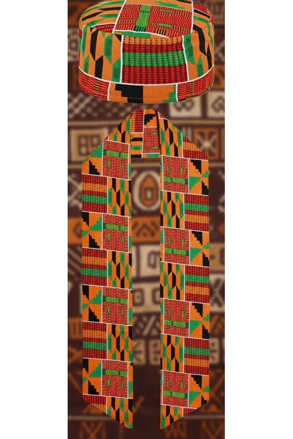 2 Pcs African Hats for Men Pattern African Kente Kufi Hats and Stole Sash for Black History Print