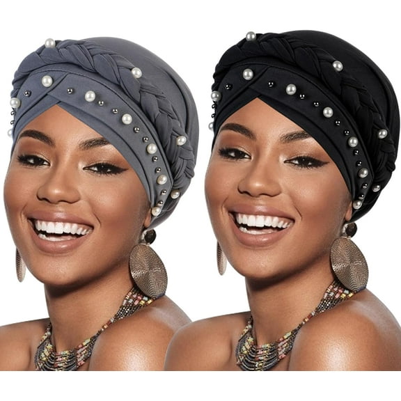2 Pcs African Women Turban Caps Pre-Tied Twisted Turbans for Women Head Scarf for Women Hair Wraps Cover Beanie
