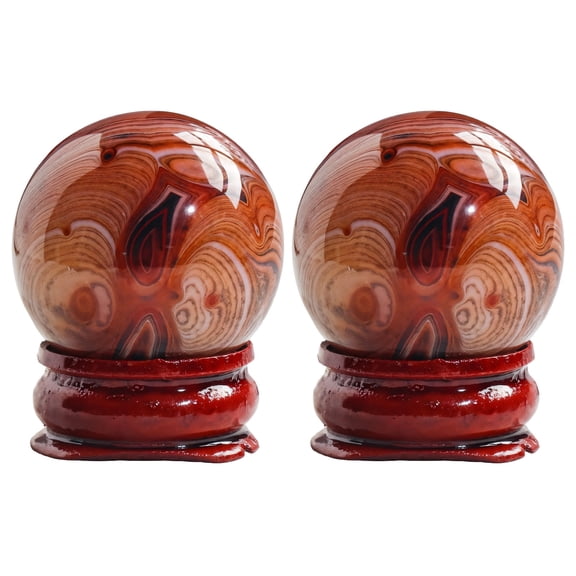 2 Pcs Agate Crystal Balls, Natural Hand Exercise Baoding Spheres, Calming Meditation Orbs, Polished Smooth with Red Wood Stands, Great Gift Idea