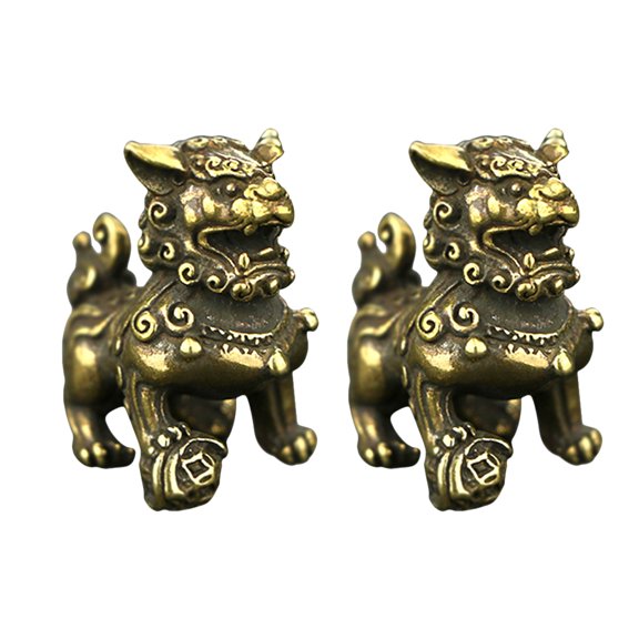 2 Pcs Air Pure Copper Lion Ornament Small Size Decor Office 3x2.8cm Light Brown