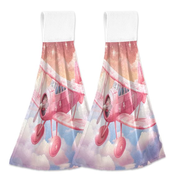 2 Pcs Aircraft Flying on Cloud Kitchen Hand Towels with Hanging Loops Absorbent Soft Fast Drying Decor Bath Towels