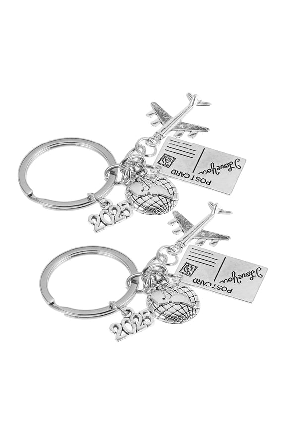 2-Pack Plated Airplane Keychains with Globe and Postcard Charms Travel Souvenir Accessories