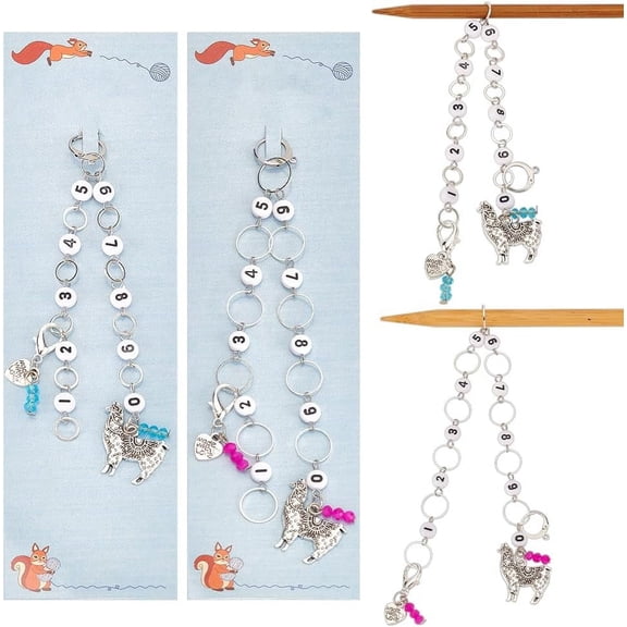 2 Pcs Alpaca Knitting Row Counter Chains 2 Pcs Heart Stitch Markers Acrylic Beaded Row Counter Chains Row Counting Accessories with Iron Ring Knitting Crochet Tracking Silver & Stainless Steel Color