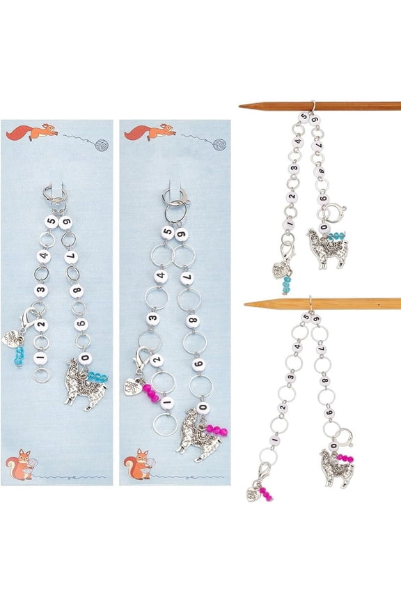 2 Pcs Alpaca Knitting Row Counter Chains 2 Pcs Heart Stitch Markers Acrylic Beaded Row Counter Chains Row Counting Accessories with Iron Ring