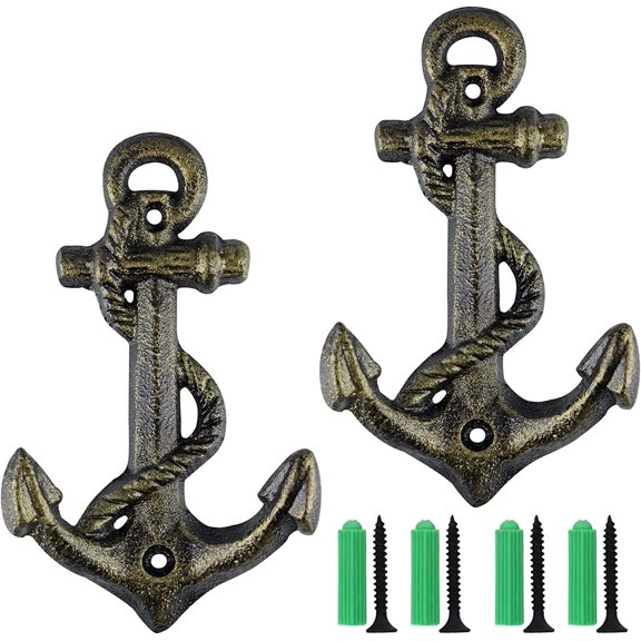 2 Pcs Anchor Coat Hooks, Nautical Wall Hangers, Vintage Cast Iron Key Holder for Hanging Towels, Bags, Robes, Decorations (Antique Bronze)