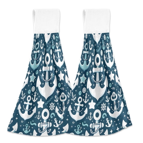 2 Pcs Anchor Star Rudder Heart Kitchen Hand Towels with Hanging Loops Absorbent Soft Fast Drying Decor Bath Towels