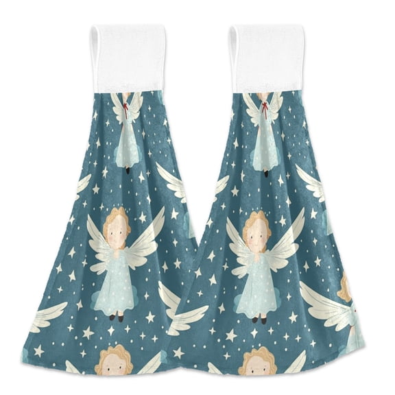 2 Pcs Angels and Star Kitchen Hand Towels with Hanging Loops Absorbent Soft Fast Drying Decor Bath Towels