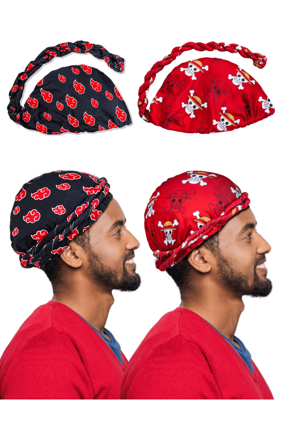2 Pcs Anime Turban for Men - Satin Hair Wrap Head Scarf Halo Lined Stretch Head Wraps Wave Cap with Long Twisted Straps (Duo A)