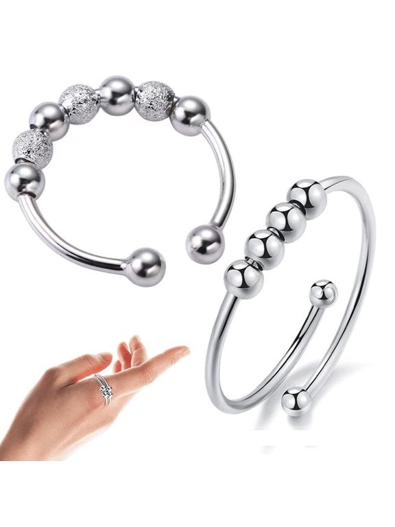 2 Pcs Anti Anxiety Rings for Women and Men,Adjustable Fidget Ring with Beads Meditation Stress Worry Relief Rings