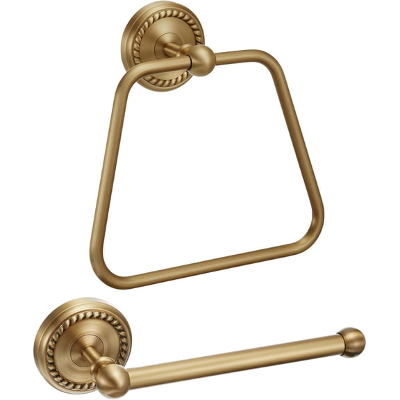 2 Pcs Antique Brass Toilet Paper Holder, Brass Towel Ring, Bathroom Wall Mount Vintage Gold Tissue Roll Holder & Hand Towel Ring, Exquisite Pattern Carving Bathroom Accessories (Trapezoid)