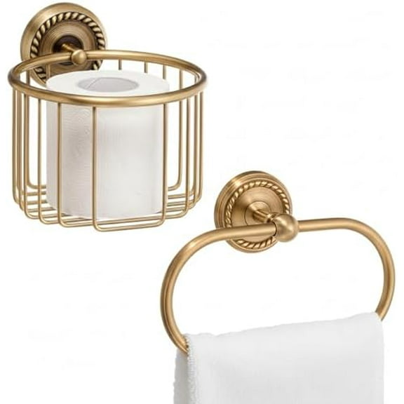 2 Pcs Antique Brass Toilet Paper Holder, Brass Towel Ring Gold Bathroom Accessories Set Wall Mount Vintage Gold Tissue Roll Holder for Washroom Storage$$Tools & Hardware Other